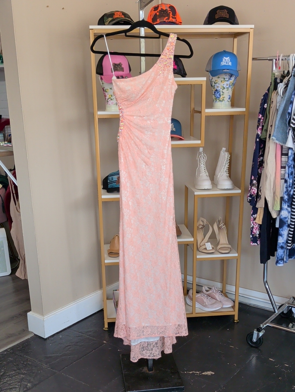 One-Shoulder Peach Lace Evening Gown